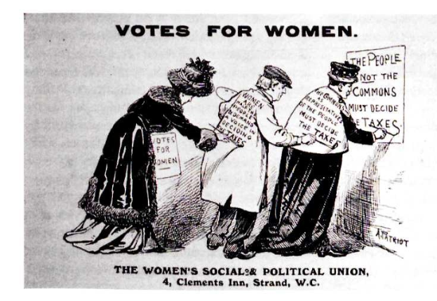 Cartoon von drei Frauen in traditioneller Kleidung mit einem Schild, auf dem "Women's Suffrage: Women's Social & Political Union" steht, mit entschlossenen Gesichtern vor einem hellblauen Himmel mit weißen Wolken.