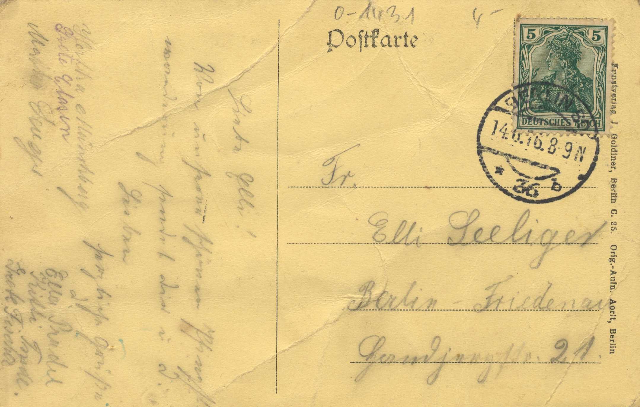 Briefumschlag mit einer Briefmarke, die ein Frauenbild zeigt, an "Berlin-Friederwehr, Berlin, Deutschland" adressiert