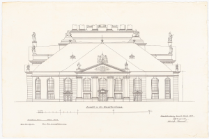 Ein detailliertes Zeichnung einer Schlosshofgebäude-Fassade in Dresden, Deutschland, mit zahlreichen Fenstern und Statuen, skizziert auf Papier mit begleitendem Text.