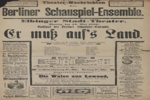 Eine alte Zeitungsanzeige aus dem Jahr 1866 für das Berliner Schauspiel-Ensemble, das einen Mann in Anzug und Krawatte zeigt, mit beschreibendem Text über das Ereignis.