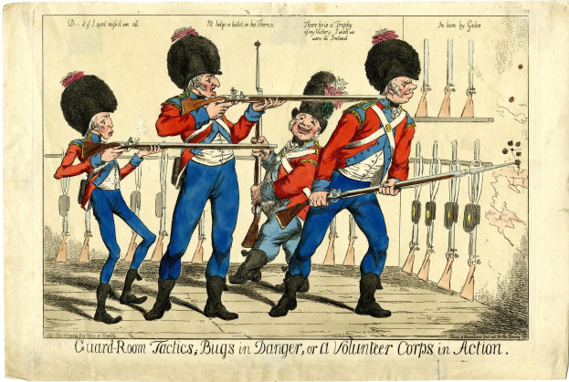 Cartoon of armed uniformed men standing in a guard room labeled "Guard Room Tactics, Bugs in Danger, or a Volunteer Corps in Action."