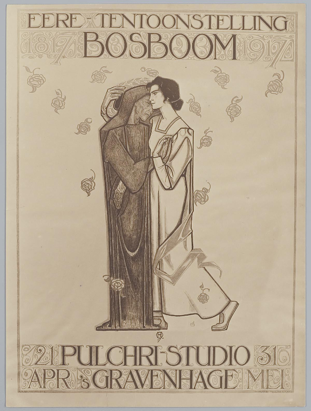 Ein Konzertplakat mit einem Mann im Anzug und einer Frau in einer Schürze, die nebeneinander stehen und ernst dreinschauen, wahrscheinlich über etwas Wichtiges diskutieren.