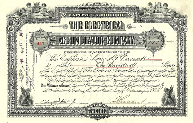 Aktienzertifikat der Electrical Accumulator Company mit detaillierten Designs, Text 'The Electrical Accumulator Company' und numerischen Details.