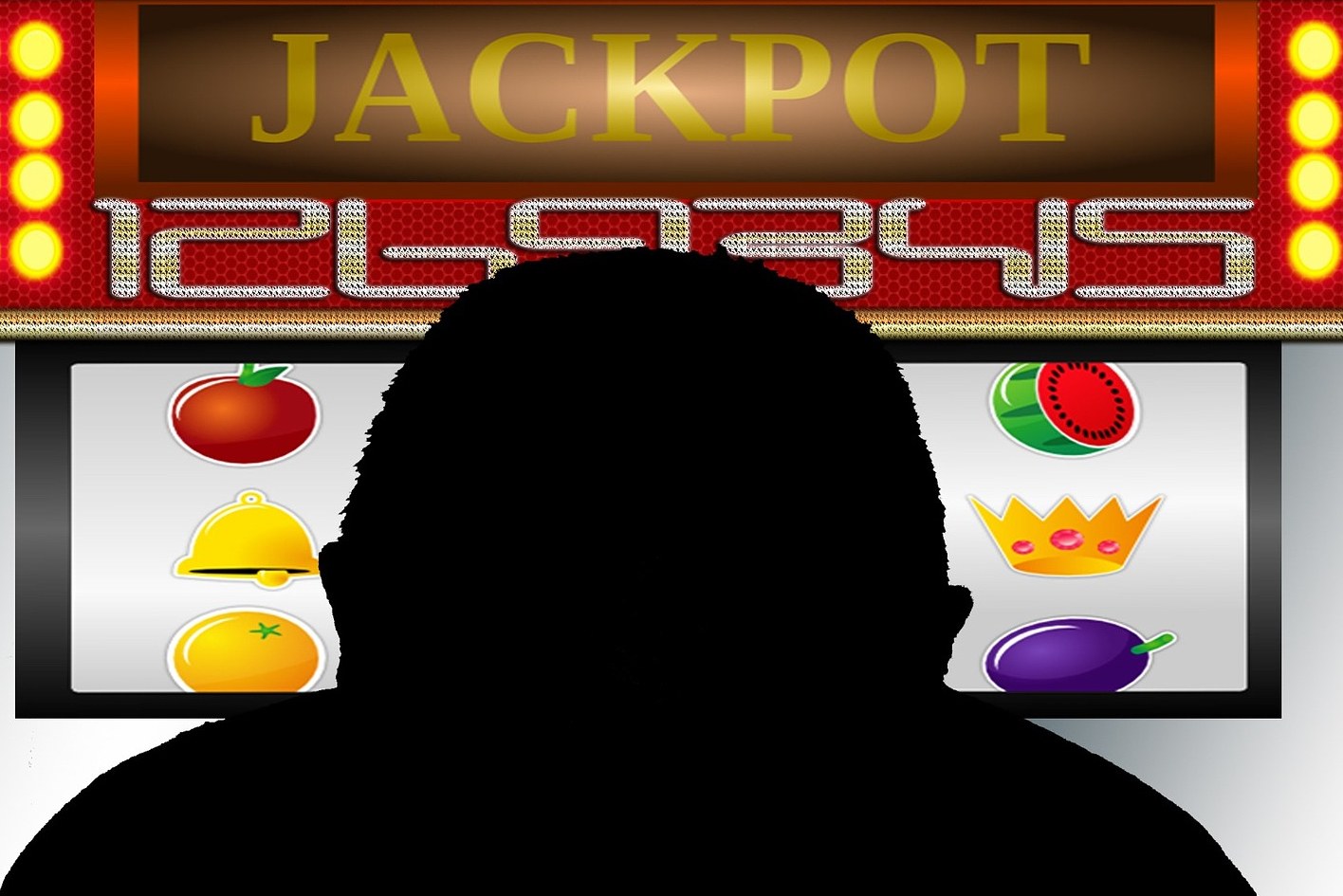 Ein Mann, der ein Online-Slot-Maschinen-Spiel mit einer 'Jackpot'-Anzeige spielt, umgeben von frucht-themen Icons und Text.