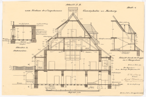 Ein detailliertes Bild des ersten Hauses in Deutschland, das zahlreiche Fenster und ein Dach zeigt, begleitet von ausführlichen Plänen und Texten, die den Aufbau beschreiben.