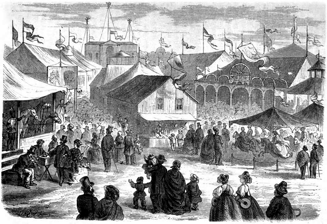 Eine Schwarz-Weiß-Zeichnung eines pulsierenden viktorianischen Karnevals in London, England, mit Zelten, Gebäuden, Flaggen und Polen und Text unten, der "Victorian Carnival in London, England" lautet.