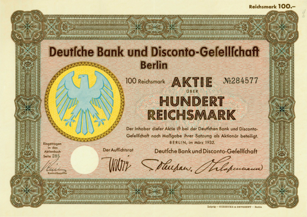 Alte deutsche Banknote mit einem Vogel-Design und dem Text "Deutsche Bank und Disconto-Gesellschaft Berlin".
