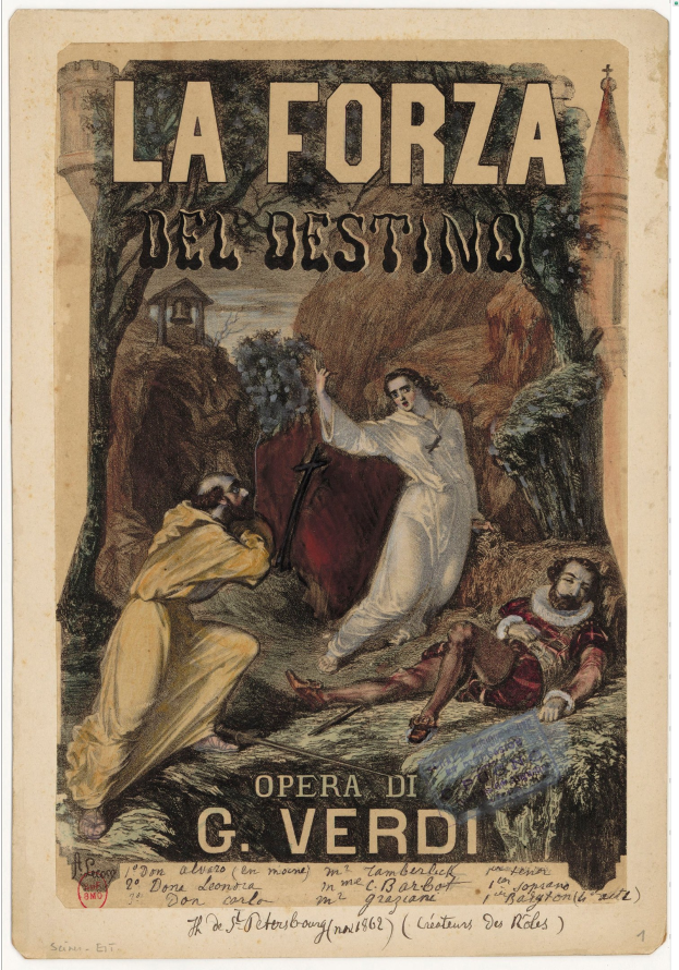 Plakat für die Oper "La Forza del Destino" von G. Verdi mit einem Gemälde mehrerer Personen und Text.