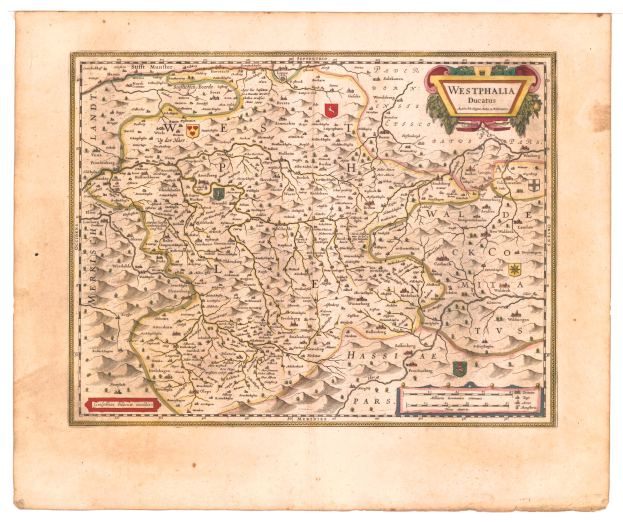 Alte Karte von Westfalen, Deutschland, mit Provinzen des Königreichs England und Wales, auf textbedrucktem Papier gedruckt.