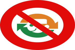 Ein rotes und weißes Schild mit einem nach rechts zeigenden Pfeil und "Keine Recycling" in fetter schwarzer Schrift auf einem weißen Hintergrund.