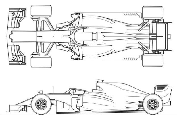 Schwarze und weiße detaillierte Linienzeichnung eines Formel-1-Autos auf weißem Hintergrund, das Scheinwerfer, Kühlergrill und Räder zeigt.