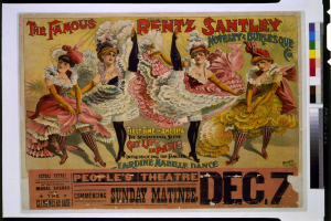 Ein Plakat für das Rentz Santley Theatre, das eine Gruppe von Frauen in bunten Kleidern zeigt, mit Texten, die das Theater und seine Künstler beschreiben.