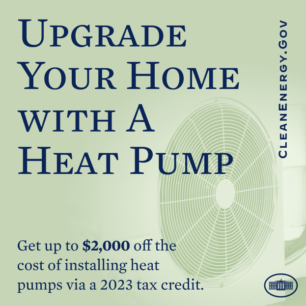 Plakat wirbt für Heizpumpen-Upgrades im Haus, zeigt ein Bild einer Heizpumpe und den Text "Upgrade Your Home with a Heat Pump."