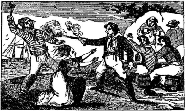 Eine Schwarz-Weiß-Zeichnung von Menschen am Strand mit einem Schiff im Hintergrund, einem Baum im Vordergrund und dem Text "Pirates of the Caribbean" unten.