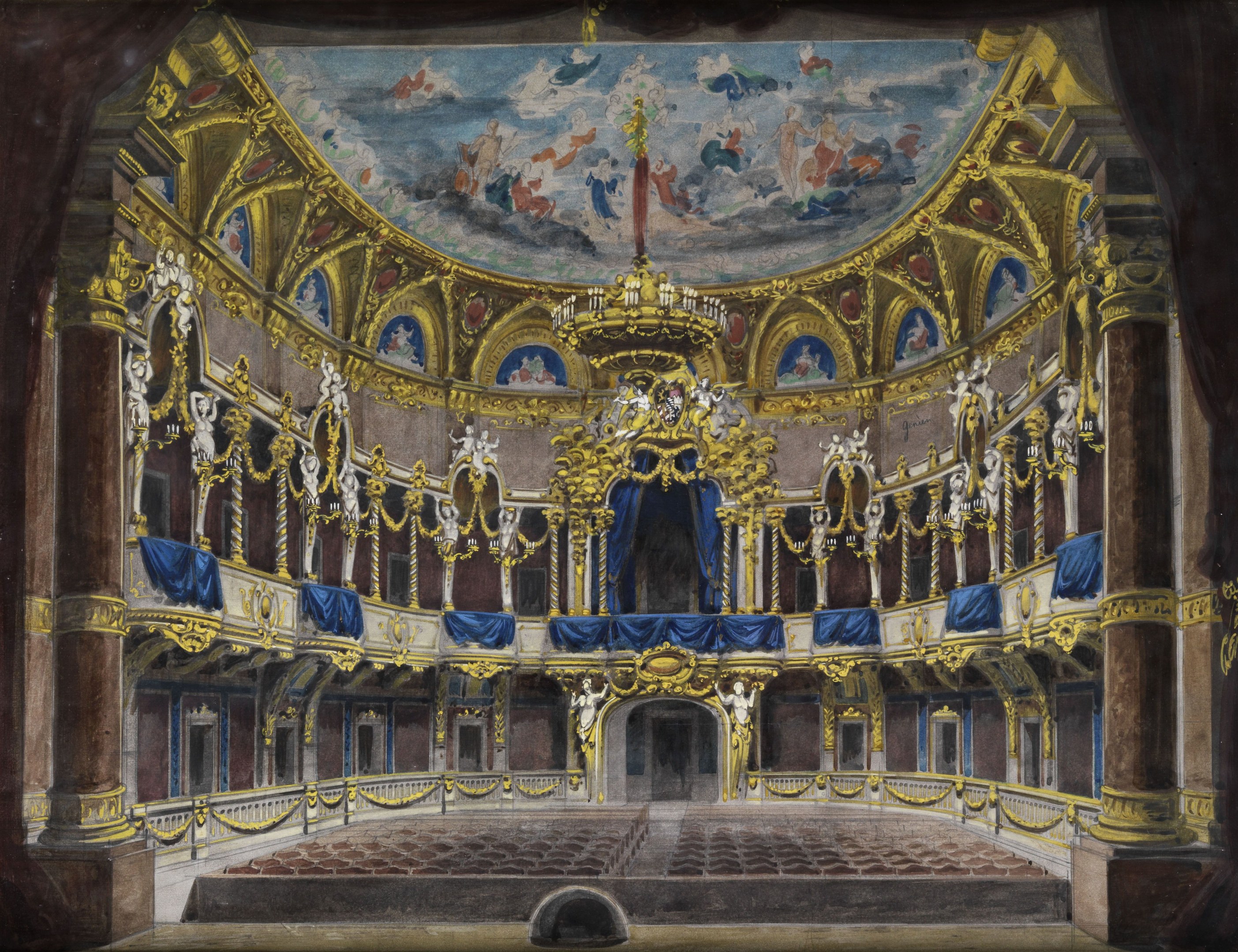 Gemälde eines Theaterinneren mit einer prächtigen Decke mit detaillierten Designs und Skulpturen, verzierten Wänden mit Säulen, Geländern und Vorhängen und einem Teppichboden, mit einem zusätzlichen Gemälde oben.