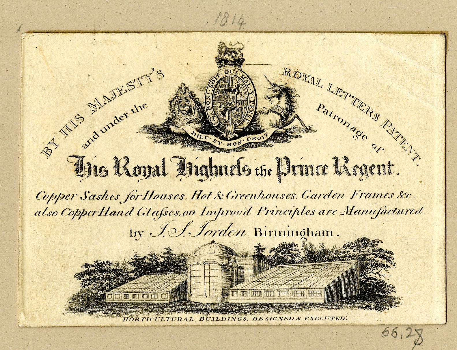 Alte Visitenkarte mit einem Gebäude und Bäumen, Text 'Die Königlichen Hochhäuser des Prince Regent' und einem Logo.