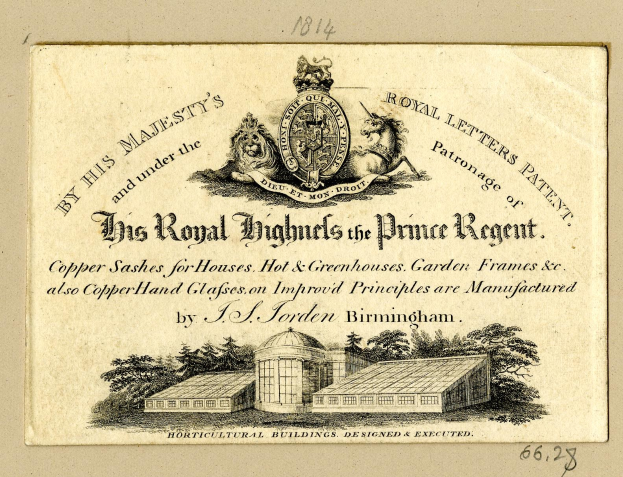 Alte Visitenkarte mit einem Gebäude und Bäumen, Text 'Die Königlichen Hochhäuser des Prince Regent' und einem Logo.