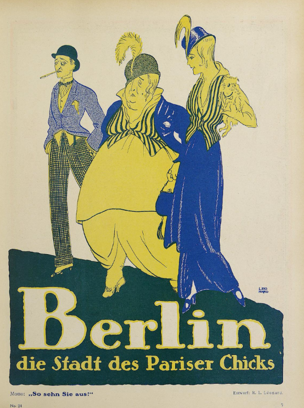 Ein Plakat wirbt für ein Konzert in Berlin, Deutschland, mit einer Gruppe farbig gekleideter Menschen vor einem Gebäude mit der Aufschrift "Berlin - Die Stadt des Pariser Chicks" oben.