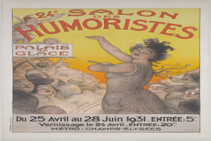 Plakat für den Salon des Humoristes in Paris mit einer Frau im Mittelpunkt einer Menge und Event-Text.