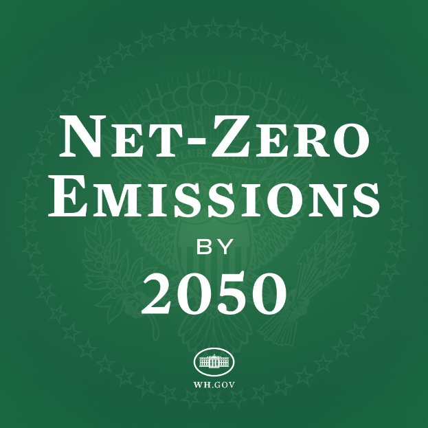 Weißer fetter Text "net-zero emissions by 2050" auf einem soliden grünen Hintergrund.