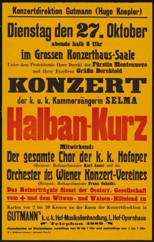 Ein gelbes Plakat, das ein Konzert in Berlin, Deutschland, ank├╝ndigt, mit dem Text "Konzert Halban-Kurz".