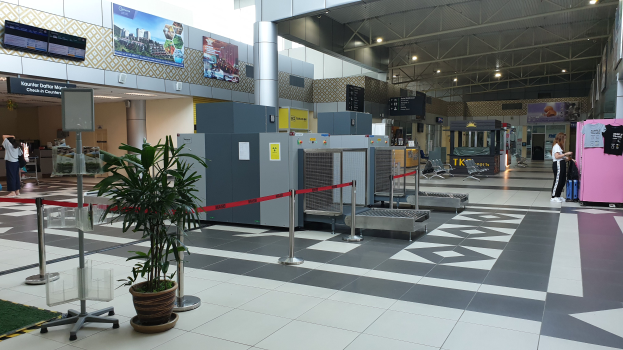 Leerer Flughafen-Terminal mit Check-in-Schalter, Topfpflanzen, Absperrpfosten mit Bändern, stehenden Menschen, Gepäckwagen, Stühlen, wandmontierten Informationsbildschirmen und Deckenleuchten.