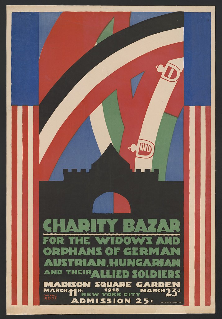 Charity Bazaar-Plakat für die Witwen und Waisen deutscher, australischer, ungarischer und alliierter Soldaten mit Veranstaltungseinzelheiten im Text.