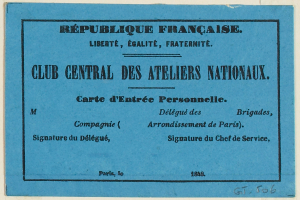 Eine blaue Karte mit der Aufschrift "Club Central des Ateliers Nationalaux".