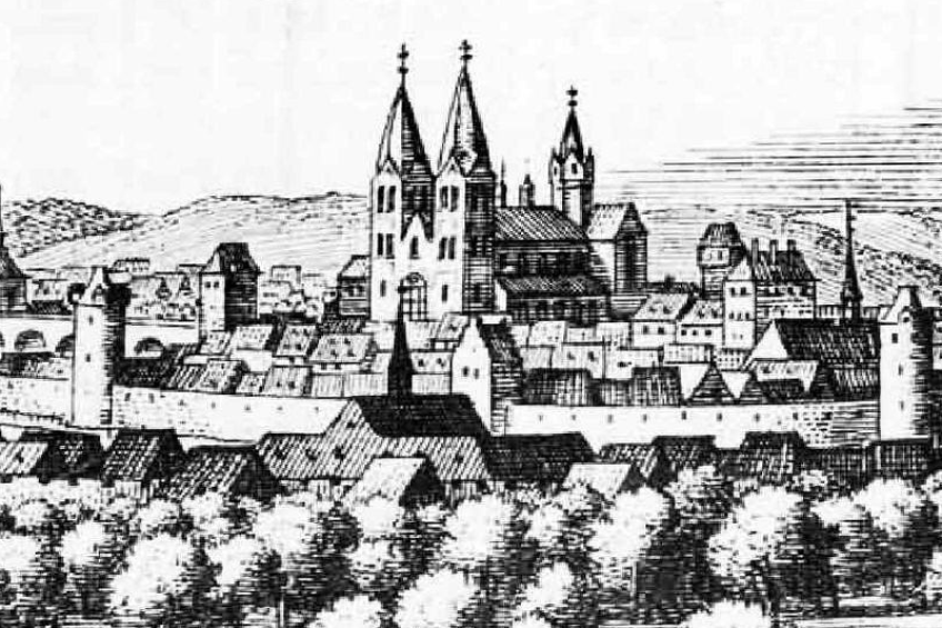 Eine Schwarz-Weiß-Zeichnung einer Stadt mit einem Schloss im Hintergrund, umgeben von Bäumen und Hügeln, mit dem Text 'Bayern, Deutschland im 19. Jahrhundert' unten.