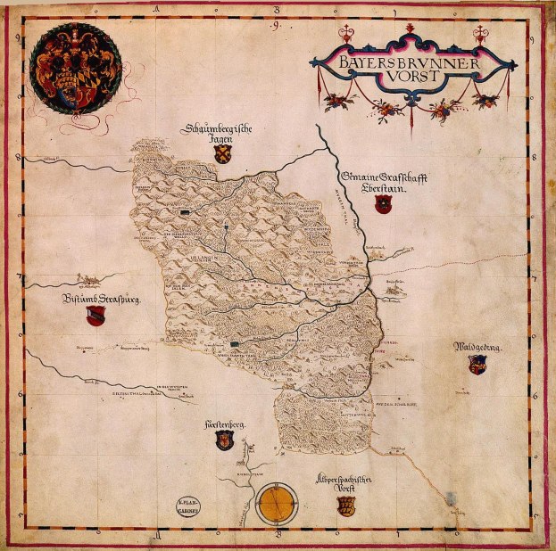 Eine Karte von Bayern aus dem 15. Jahrhundert, die Flüsse, Berge, Städte und begleitenden Text und Logos zeigt.