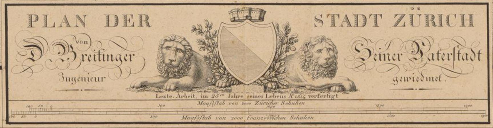 Alte deutsche Banknote mit einem Wappen, das zwei Löwen und einen Schild zeigt, Text lautet "Plan der Stadt Zürich".