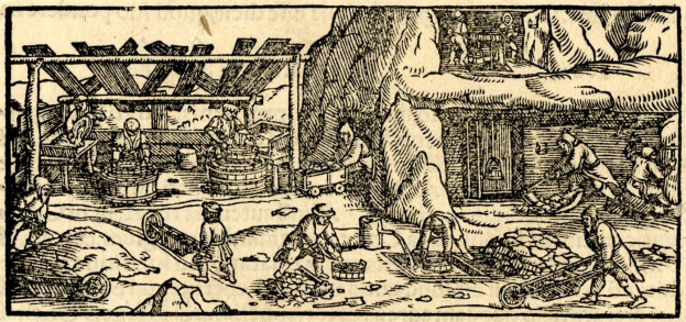 Schwarzer und weißer Zeichnung von Bergleuten bei der Arbeit in einem Kohlebergwerk mit Fässern, Loren und verstreuten Gegenständen, betitelt "The Gold Mine" unten.