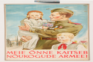 Ein polnisches Weltkriegspropagandaplakat, das einen Mann zeigt, der ein Kind h├Ąlt, mit zwei weiteren Kindern davor und Text, der weitere Informationen ├╝ber den Krieg gibt.