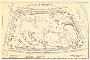 Ein detaillierter alter Stadtplan von Sachsenplatz in Berlin, Deutschland, der den Parkaufbau und Text mit zusätzlichen Informationen zum Gebiet zeigt.