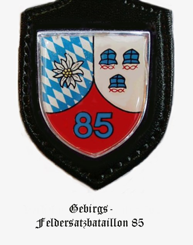 Ein rundes Abzeichen mit der Zahl 85 und deutschem Text unten, das die bayerische Fußballmannschaft darstellt.