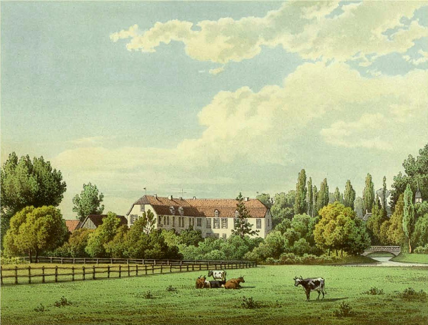 Ein Gemälde, das Kühe zeigt, die auf einer Wiese mit einem hölzernen Zaun, Bäumen, Gebäuden, einer Brücke und einem bewölkten Himmel grasen, mit dem Titel "Kühe auf der Weide in Wiesbaden, Deutschland".