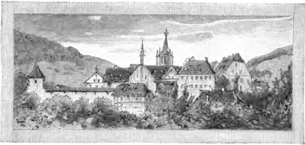 Schwarze und weiße Gravur eines Schlosses umgeben von Bäumen und Hügeln, mit dem Text 'Bayern, Deutschland' unten.