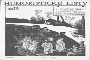 Ein Schwarz-Weiß-Cartoon von einer Gruppe von Menschen, die vor einem Zug stehen und nach oben schauen, mit dem Text "humoristische Listen 18" auf einem Blatt Papier.