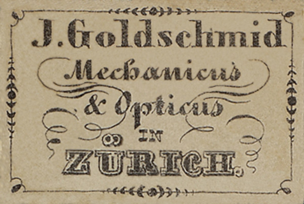 Alte Visitenkarte für "J. Goldschmidt Mechanicus & Optics in Zurich", wahrscheinlich aus dem frühen 20. Jahrhundert, die die Dienstleistungen des Unternehmens auflistet.