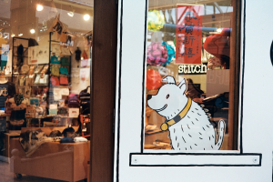 Eine Abbildung eines Hundes mit Text auf der rechten Seite und links ein Raum mit Lichtern, Flaggen, Regalen, Sofas, Klamotten, D├Ącor, Menschen, St├╝hlen und verschiedenen anderen Gegenst├Ąnden.