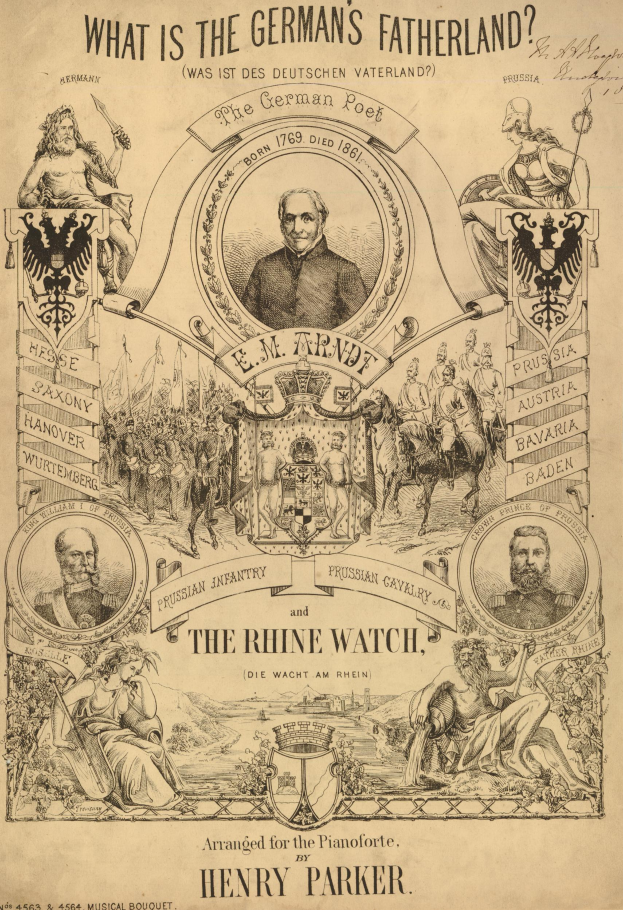 Eine Zeitung mit Bildern von Menschen und Text, der "Was ist das deutsche Vaterland? Die Rheinwacht von Henry Parker" lautet.
