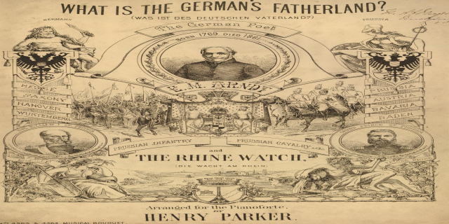 Eine Zeitung mit Bildern von Menschen und Text, der "Was ist das deutsche Vaterland? Die Rheinwacht von Henry Parker" lautet.