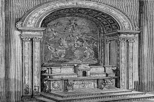 Eine Schwarzweiß-Radierung eines Kircheninneren mit einer Skulptur an der Wand, Säulen, Treppen, die hinaufführen, und Text unten, der "Taufe Christi" lautet.