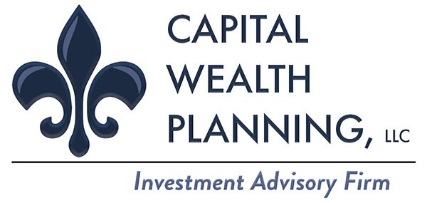 Logo der Capital Wealth Planning, LLC, einer Investmentberatungsfirma: ein blauer Kreis mit weißer Umrandung und einem 'C' in der Mitte, umgeben von einem weißen Ring mit 'Capital Wealth Planning' in blau und 'Investment Advisory Firm' in weiß darunter.