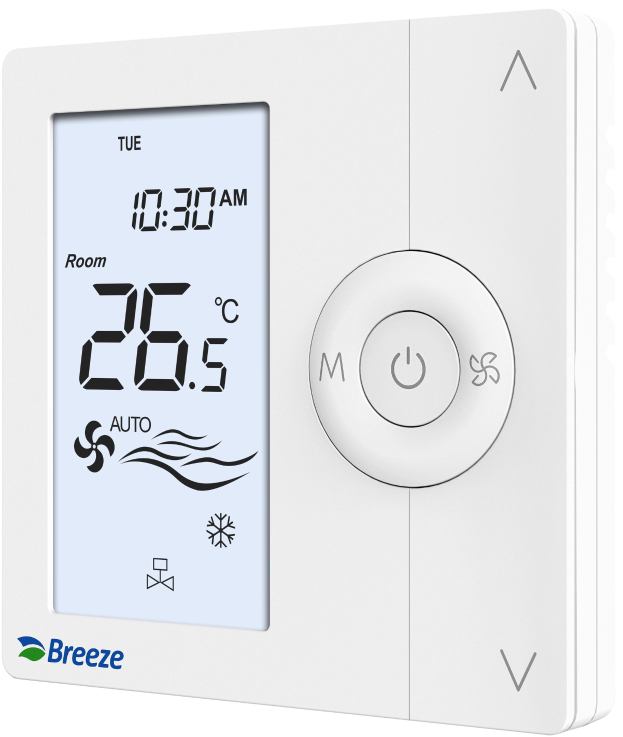 Weißer digitaler programmierbarer Thermostat mit der Beschriftung "breeze digital programmierbarer Thermostate" vor einem weißen Hintergrund.