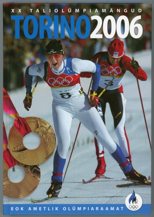 Ein Plakat der Olympischen Spiele 2006 in Turin, Italien, das zwei Skifahrer auf Schnee mit der Aufschrift "Turin 2006" zeigt.